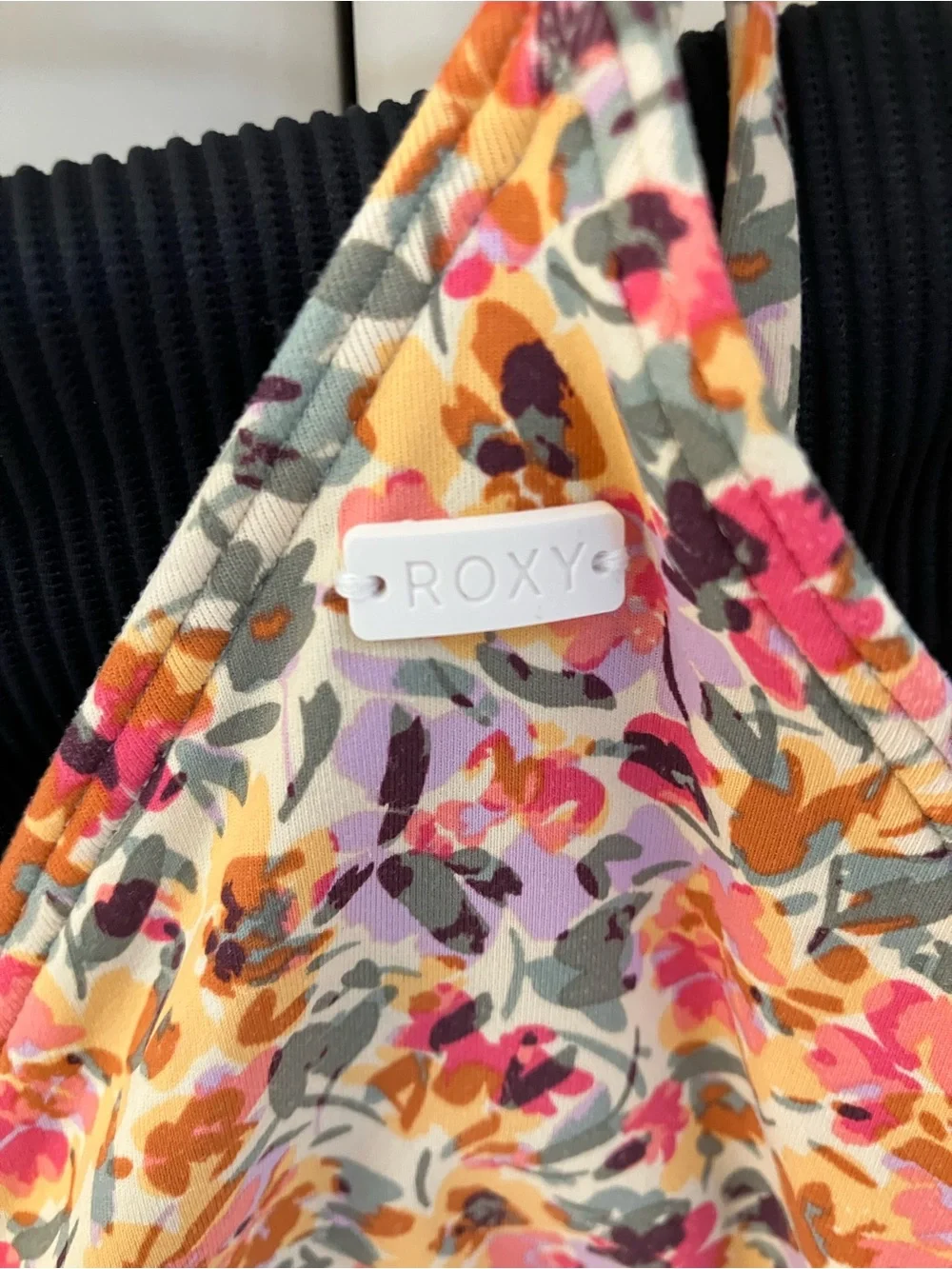 Bikini: Multicolor Floral Triangle Bralette Top & black ribbed bottoms